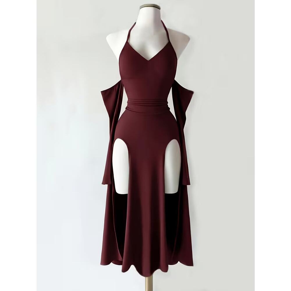 Women's Burgundy Halter Cutout Midi Dress